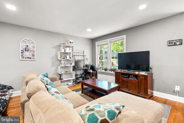 living room with hardwood / wood-style floors and radiator heating unit