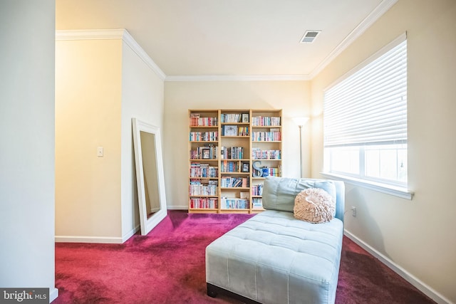 living area featuring dark carpet and crown molding