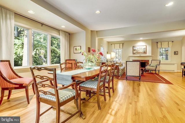 dining room with a fireplace and light hardwood / wood-style floors