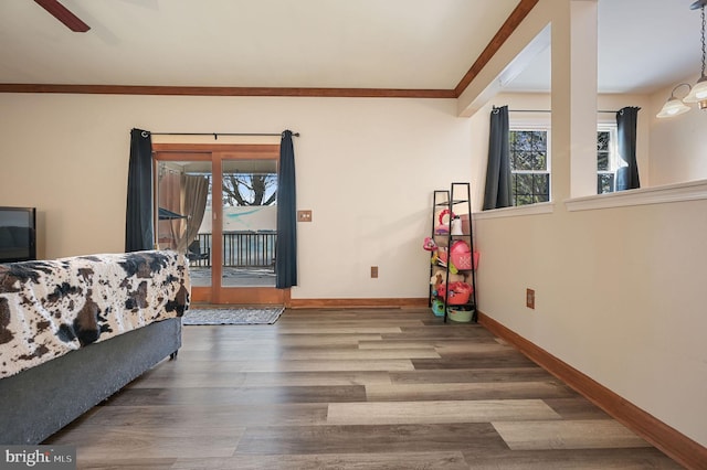 bedroom with hardwood / wood-style floors, access to exterior, ceiling fan, and ornamental molding