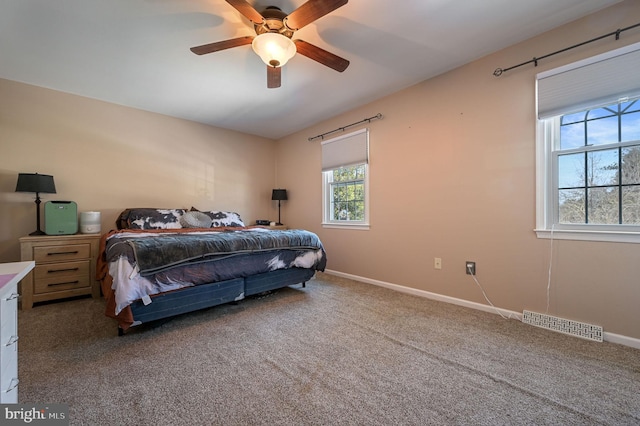 bedroom featuring ceiling fan and carpet