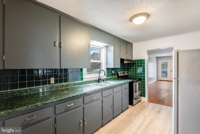 kitchen with gray cabinets, white fridge, sink, and stainless steel range with electric cooktop