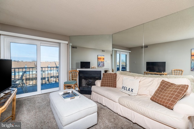 living room with carpet floors and a textured ceiling