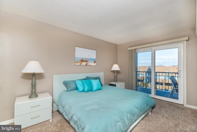 bedroom with access to exterior, a textured ceiling, and light colored carpet