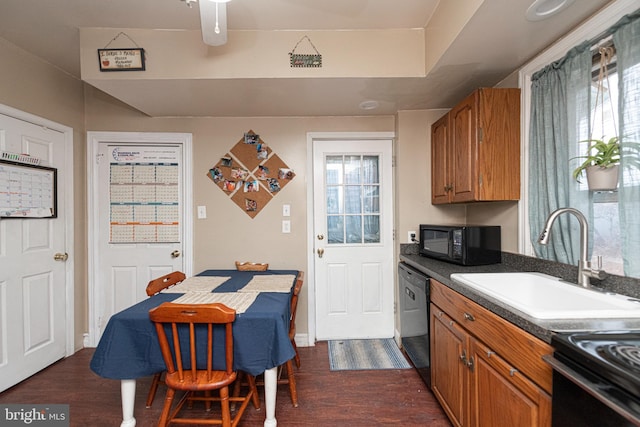 kitchen featuring sink, dark hardwood / wood-style floors, ceiling fan, and black appliances