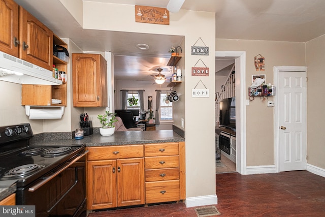 kitchen with ceiling fan, dark hardwood / wood-style flooring, and black range with electric stovetop