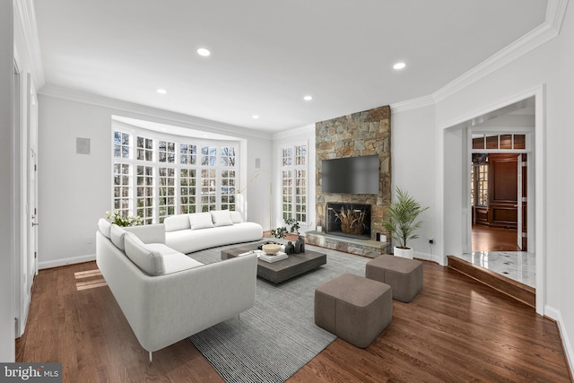 living room featuring crown molding, dark hardwood / wood-style floors, and a stone fireplace