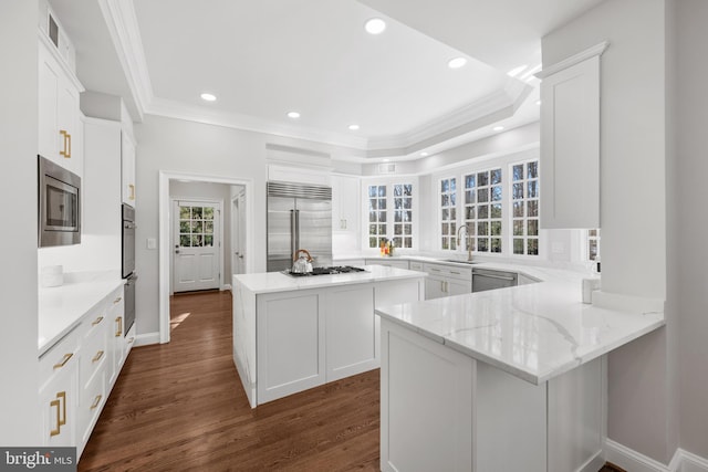 kitchen with white cabinetry, dark hardwood / wood-style flooring, built in appliances, sink, and kitchen peninsula