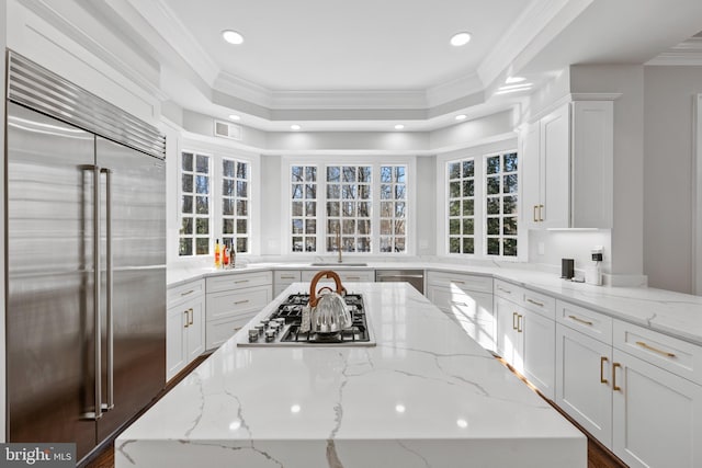 kitchen featuring white cabinetry, stainless steel appliances, crown molding, and light stone counters