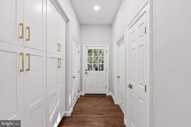 doorway to outside featuring dark wood-type flooring