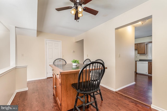 dining space with dark hardwood / wood-style floors and ceiling fan