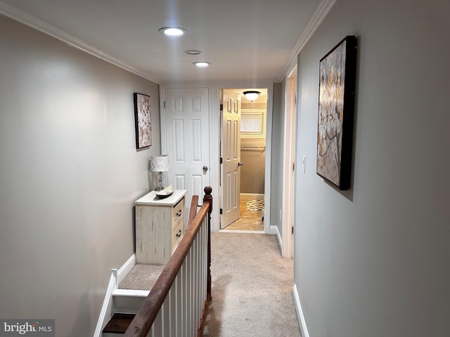 corridor with light colored carpet and crown molding