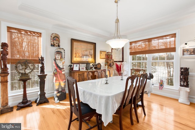 dining area featuring light wood-type flooring, crown molding, and a tray ceiling