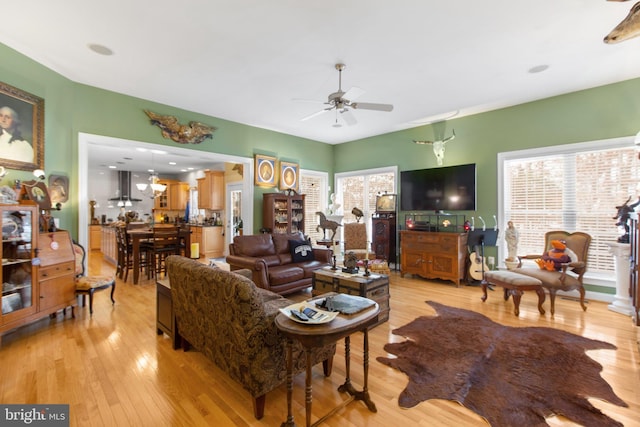 living room with ceiling fan and light wood-type flooring