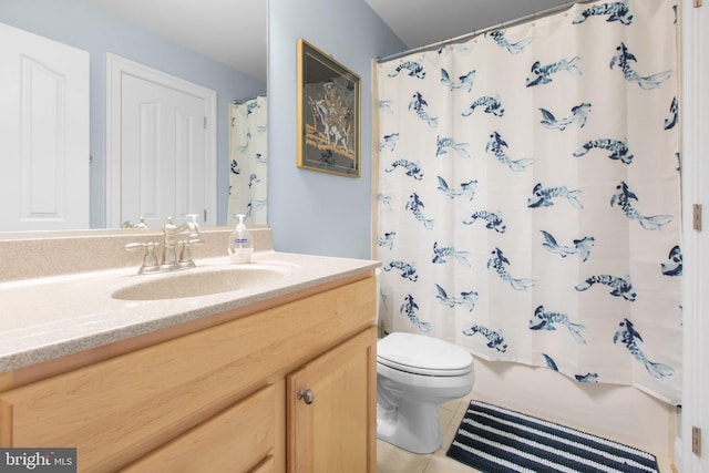 full bathroom with shower / bathtub combination with curtain, tile patterned flooring, vanity, and toilet