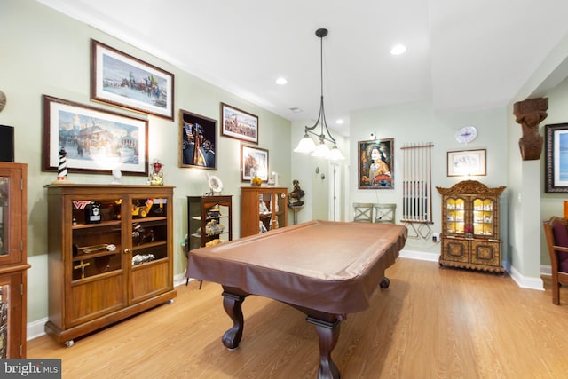 recreation room with light wood-type flooring and pool table