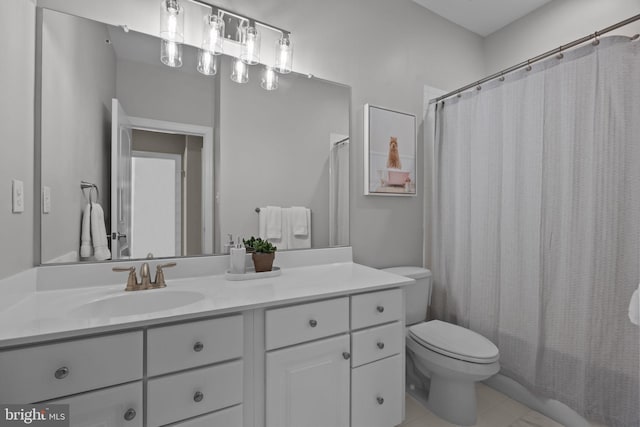 full bathroom featuring shower / bath combination with curtain, vanity, toilet, and tile patterned flooring