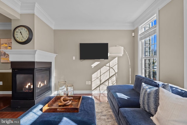 living room with crown molding, hardwood / wood-style flooring, and a multi sided fireplace