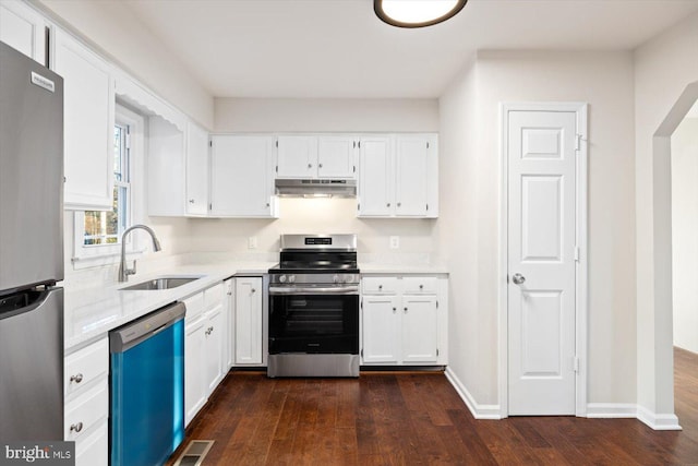 kitchen featuring dark hardwood / wood-style flooring, white cabinetry, sink, and appliances with stainless steel finishes