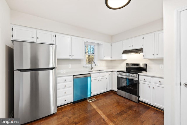 kitchen with dark hardwood / wood-style flooring, white cabinetry, sink, and stainless steel appliances