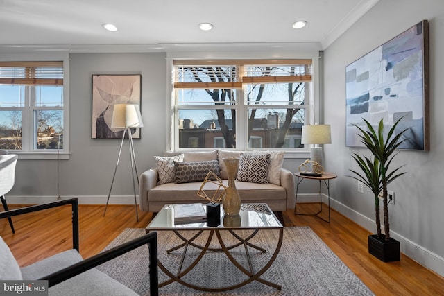 living room with hardwood / wood-style flooring and ornamental molding