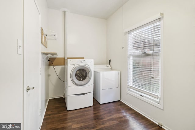 washroom featuring dark hardwood / wood-style floors and washer and clothes dryer