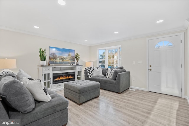 living room with ornamental molding and light wood-type flooring