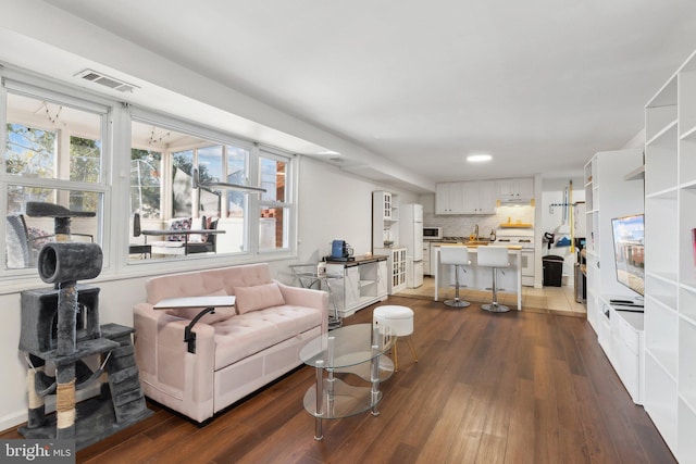 living room featuring dark wood-type flooring