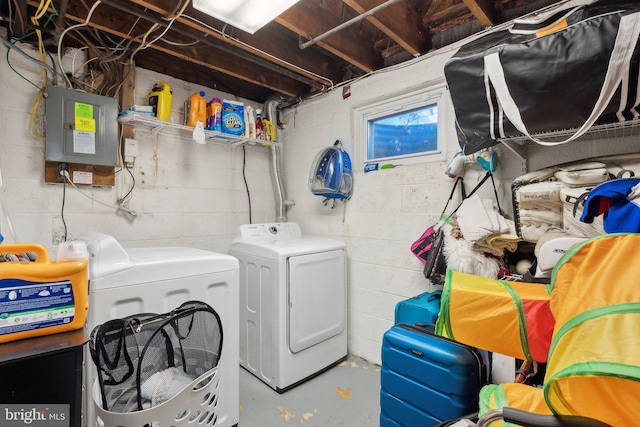 washroom featuring electric panel and washing machine and dryer