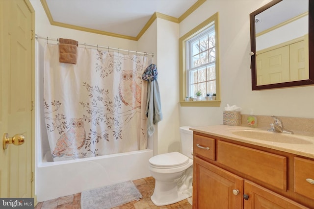 full bathroom with ornamental molding, vanity, shower / bath combo with shower curtain, and toilet