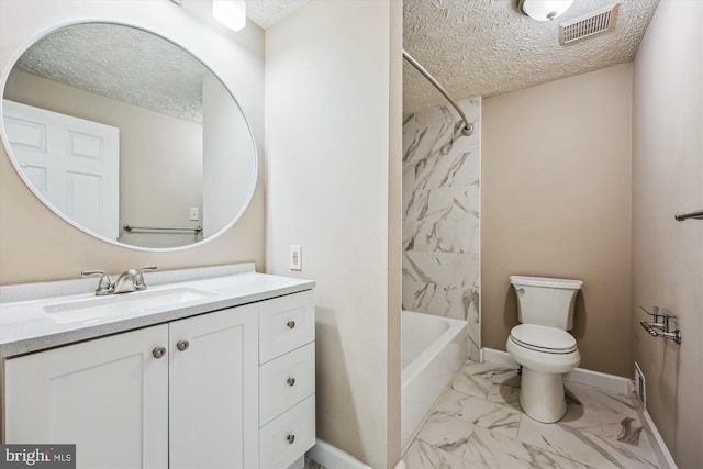 full bathroom featuring a textured ceiling, shower / bathing tub combination, vanity, and toilet