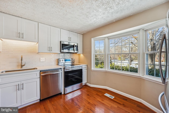 kitchen featuring appliances with stainless steel finishes, dark wood-type flooring, decorative backsplash, white cabinets, and sink