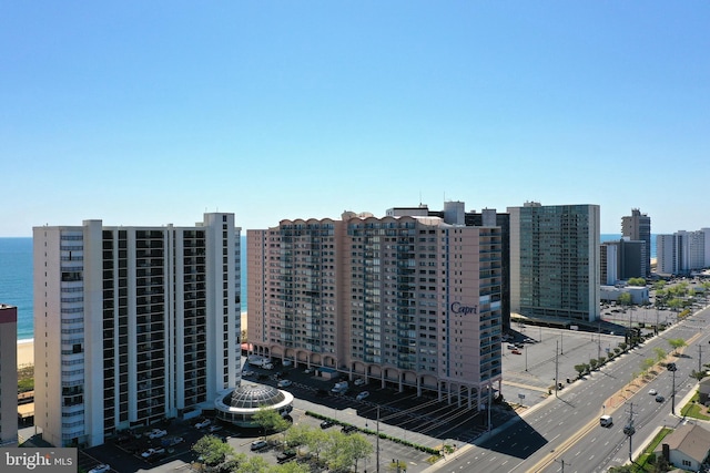 aerial view featuring a water view