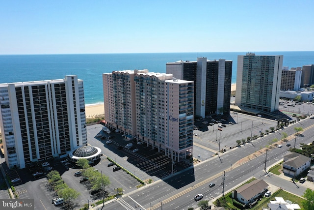 drone / aerial view with a water view and a view of the beach