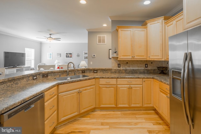 kitchen featuring ornamental molding, appliances with stainless steel finishes, sink, and light brown cabinets