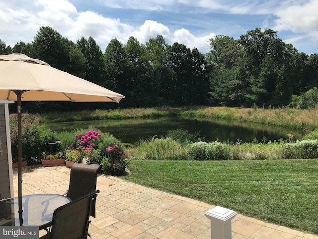 view of patio featuring a water view