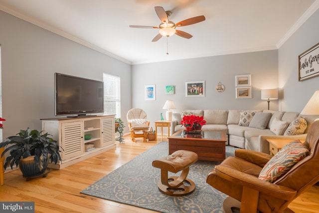 living room with hardwood / wood-style flooring, ceiling fan, and ornamental molding