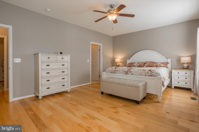 bedroom featuring ceiling fan and light wood-type flooring