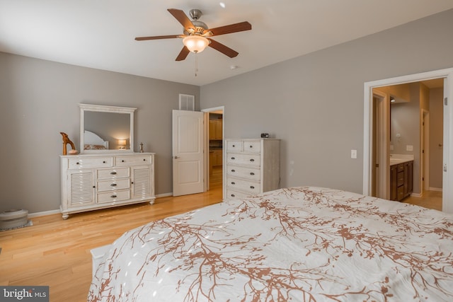 bedroom with ceiling fan and light wood-type flooring