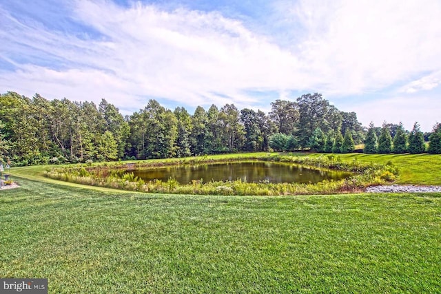 exterior space featuring a water view and a yard