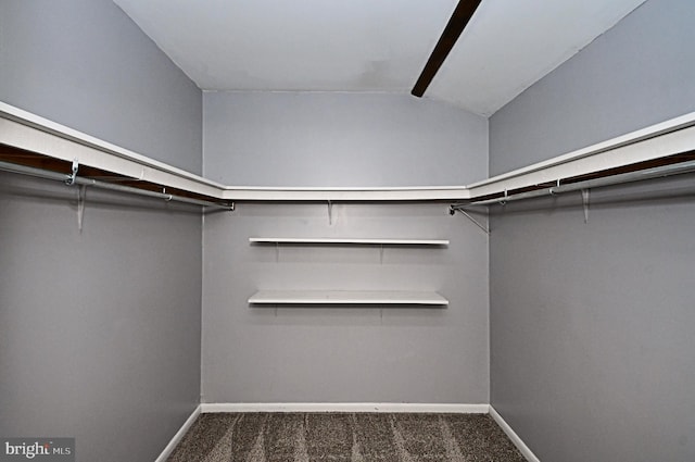 walk in closet with dark colored carpet and lofted ceiling