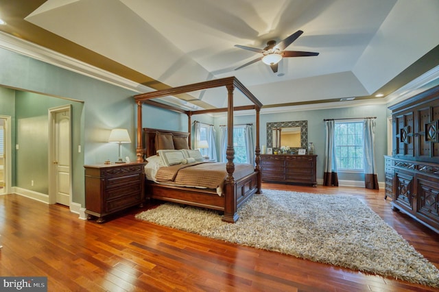 bedroom with lofted ceiling, dark wood-type flooring, ornamental molding, and a raised ceiling