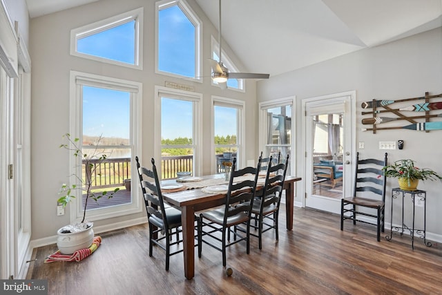 dining room with a healthy amount of sunlight, lofted ceiling, and dark hardwood / wood-style flooring