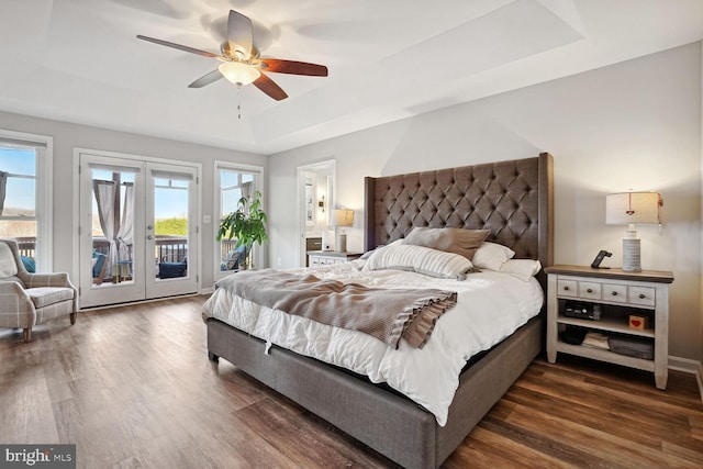 bedroom with a raised ceiling, access to outside, ceiling fan, and multiple windows