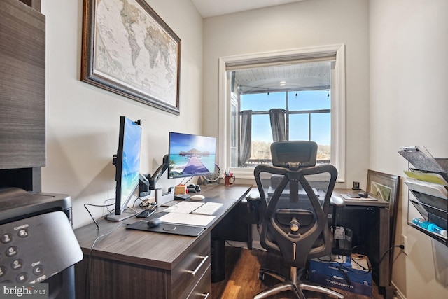 office area featuring dark wood-type flooring