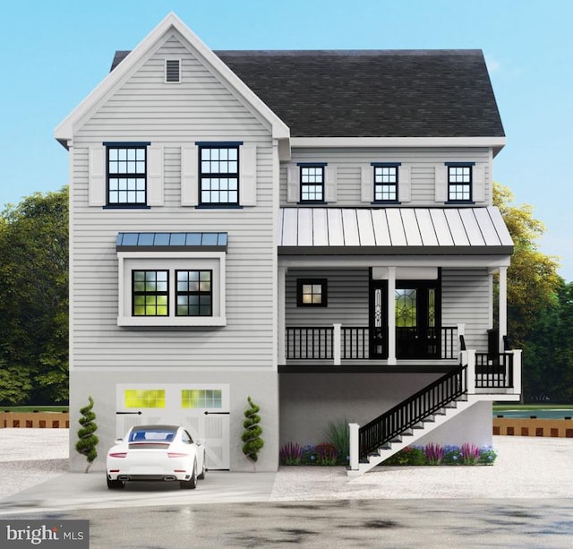 view of front facade with a standing seam roof, stucco siding, stairway, and metal roof