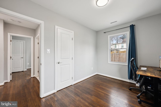 home office with dark hardwood / wood-style floors