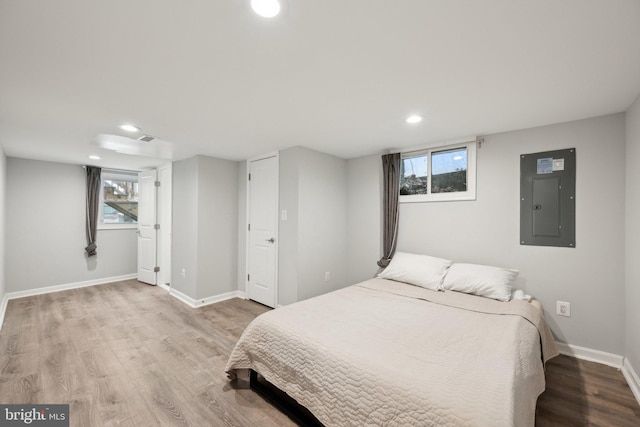 bedroom featuring wood-type flooring and electric panel