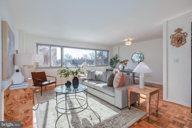 living room featuring light parquet flooring