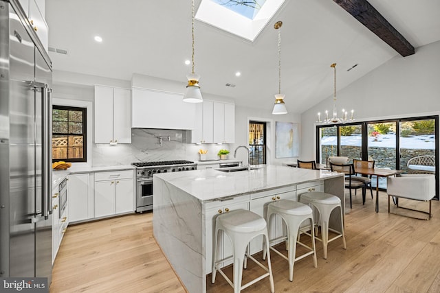 kitchen featuring sink, white cabinetry, a skylight, high quality appliances, and a kitchen island with sink